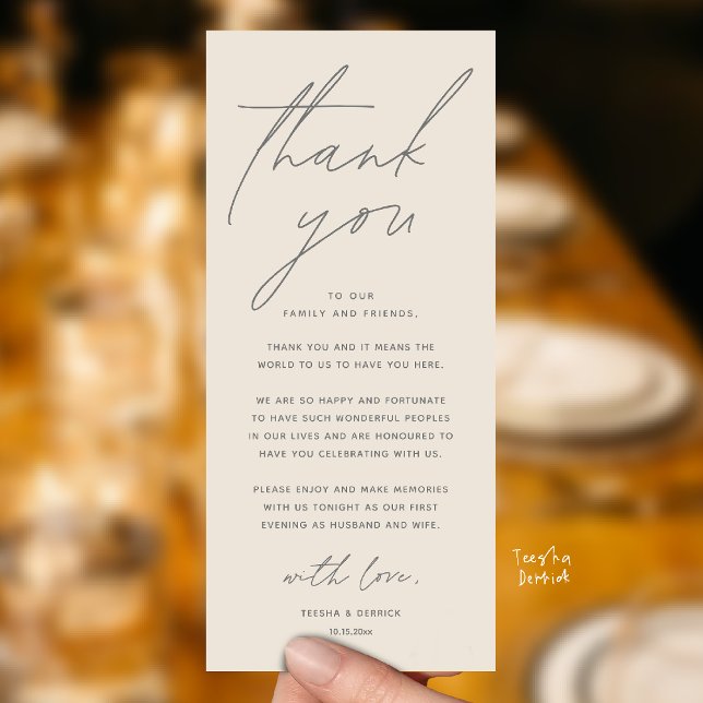 Bröllops Minimalistisk Bröllops Middag Tack Kort (Wedding Minimalist Modern Dinner Brunch Lunch Reception Thank You Card in Aesthetic Cream Grey)