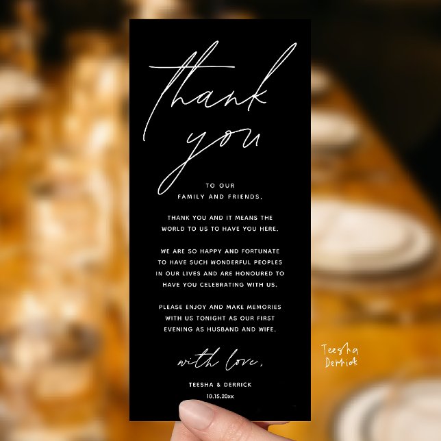 Bröllops Minimalistisk Bröllopsmiddag Tackkort Program (Wedding Minimalist Modern Dinner Brunch Lunch Reception Thank You Card in Aesthetic Black White)