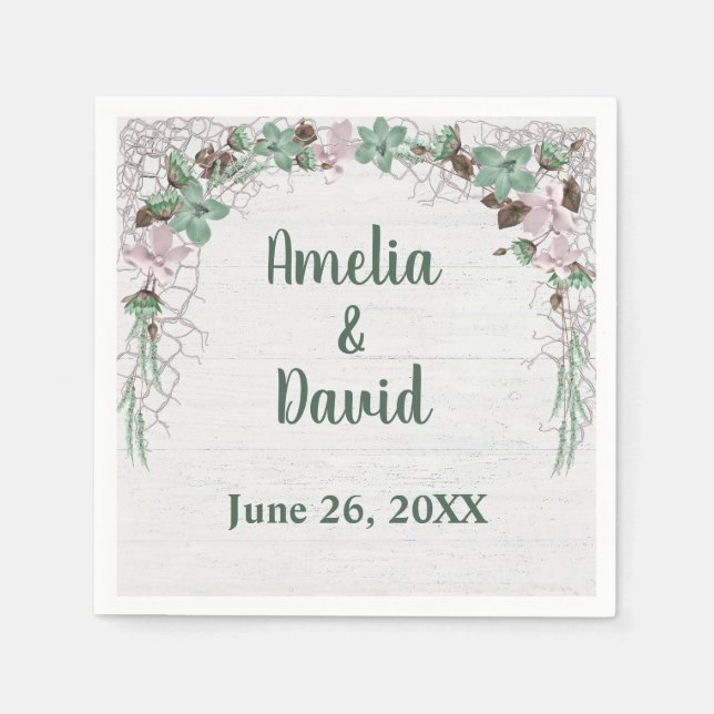 Bröllops Nautiskt Nät På Vitkalkat Trä Pappersservett (Framsidan)