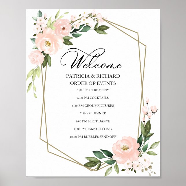 Bröllops Ordningsskylt med Rosa Blommor Poster (Framsidan)
