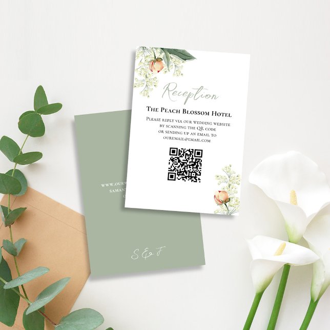 Bröllops Peach Reception QR-kod RSVP Tilläggskort (Elegant wedding RSVP card with watercolor peach floral design)