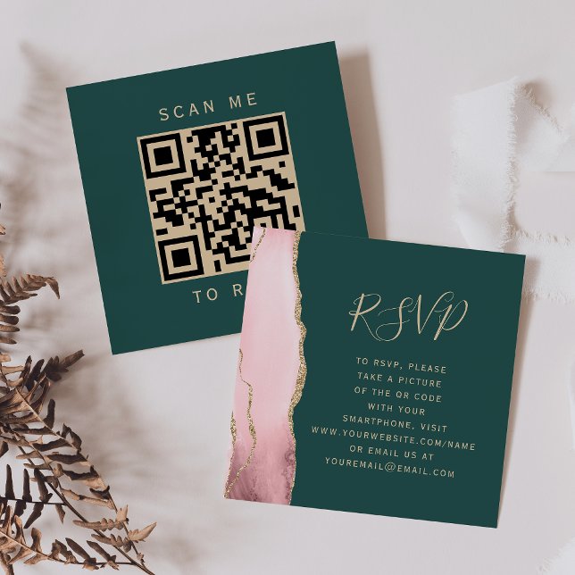 Bröllops QR-kod för svar Blush Guld Agat Grön Tilläggskort (Skapare uppladdad)
