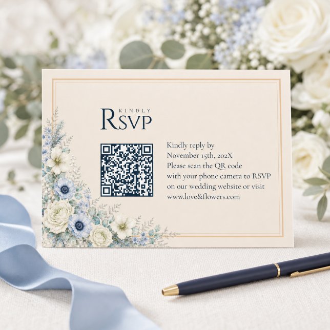 Bröllops QR-kod RSVP-kort | Blå Elfenbensvinter OSA Kort (Skapare uppladdad)