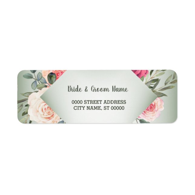 Bröllops Rosa Blommig Rustik Grön Returadress Etikett (Framsidan)