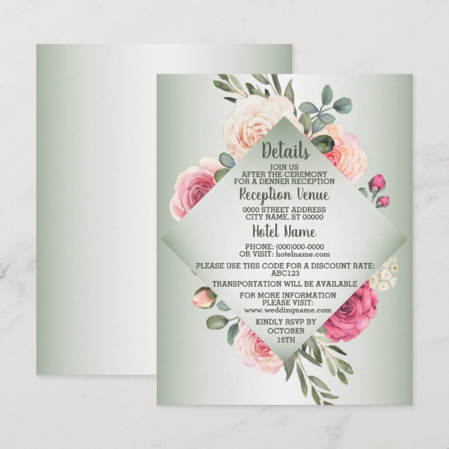 Bröllops Rosa Persika Blommig Rustik Grön Detalj Tilläggskort (Fram/baksida)