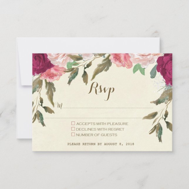 bröllops-rsvp-kort elfenbensvit burgunderröd blomm OSA kort (Framsida)