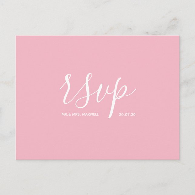 Bröllops-RSVP-kort | Enkel rosa skript vykort (Framsida)