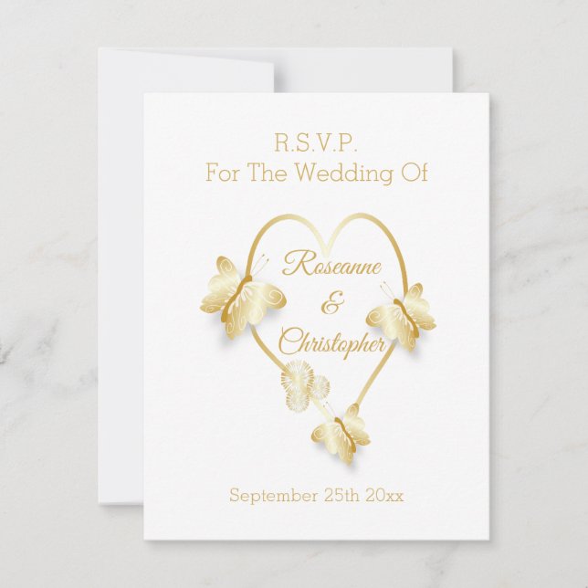 Bröllops-RSVP-kort Guldfärgad hjärta fjäril OSA Kort (Framsida)
