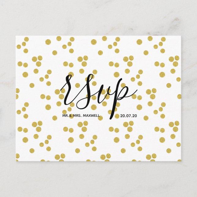 Bröllops-RSVP-kort | Guldkonfetti Script Postkort Inbjudan Vykort (Framsida)