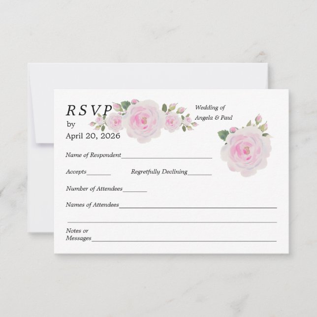 Bröllops-RSVP-kort mjuka rosa rosor OSA Kort (Framsida)