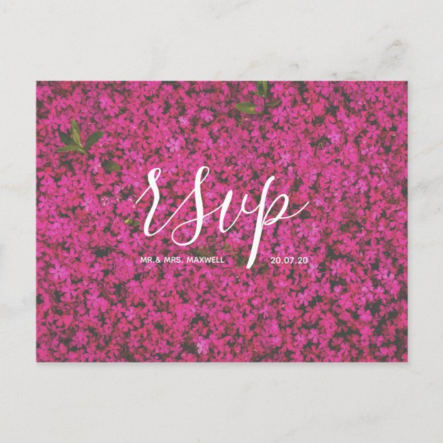 Bröllops-RSVP-kort | Rosa blommor Script vykort (Framsida)