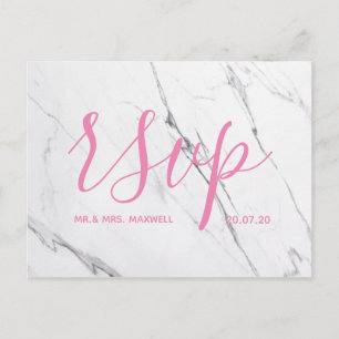 Bröllops-RSVP-kort   Vit marmor skript rosa Inbjudan Vykort