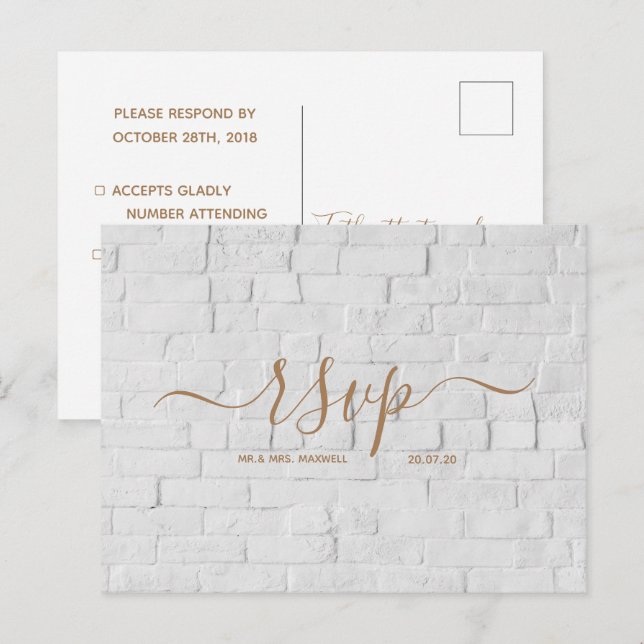 Bröllops-RSVP-kort | Vit tegelsten skript vykort (Fram/baksida)
