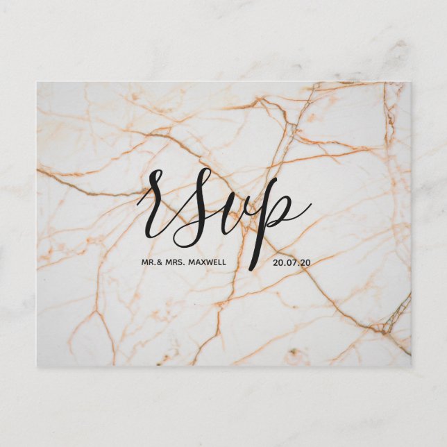 Bröllops-RSVP-kort | White Gold Marble Script Inbjudan Vykort (Framsida)