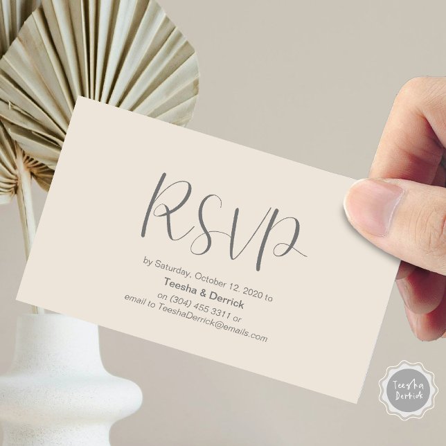 Bröllops-RSVP, svara, Minimalistisk design Tilläggskort (Wedding RSVP, respond, Minimalist Script Enclosure Card, in dark grey and cream themed)