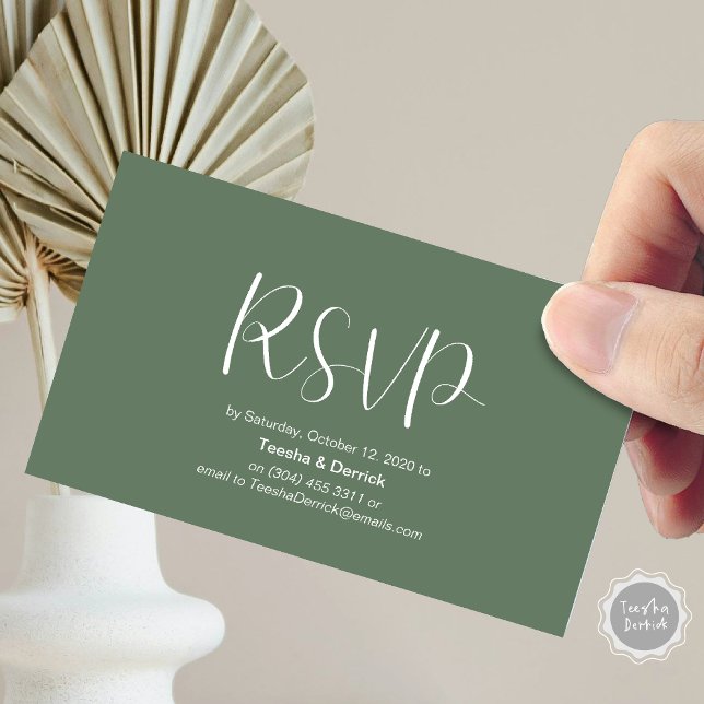 Bröllops-RSVP, svara, minimalistisk skript Tilläggskort (Wedding RSVP, respond, Minimalist Script Enclosure Card, in Forest Sage Green themed)