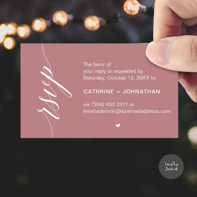 Bröllops-RSVP via SMS eller e-post, påminnelse Tilläggskort (Wedding RSVP via Text Message, Phone  or Email, Reminder Enclosure Card in dusty rose pink)