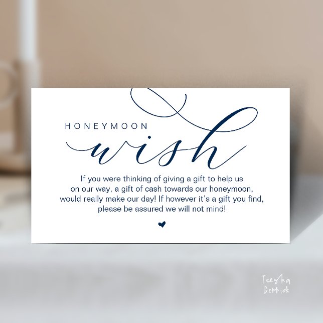 Bröllops Smekmånad Önskan, Modern elegant minimali Tilläggskort (Wedding Honeymoon Wish, Cash, Modern elegance minimal Enclosure Card cute heart in Classy Navy Blue)