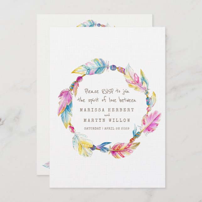 Bröllops-svar boho-fjäder inhemsk tribal krans inbjudningar (Fram/baksida)