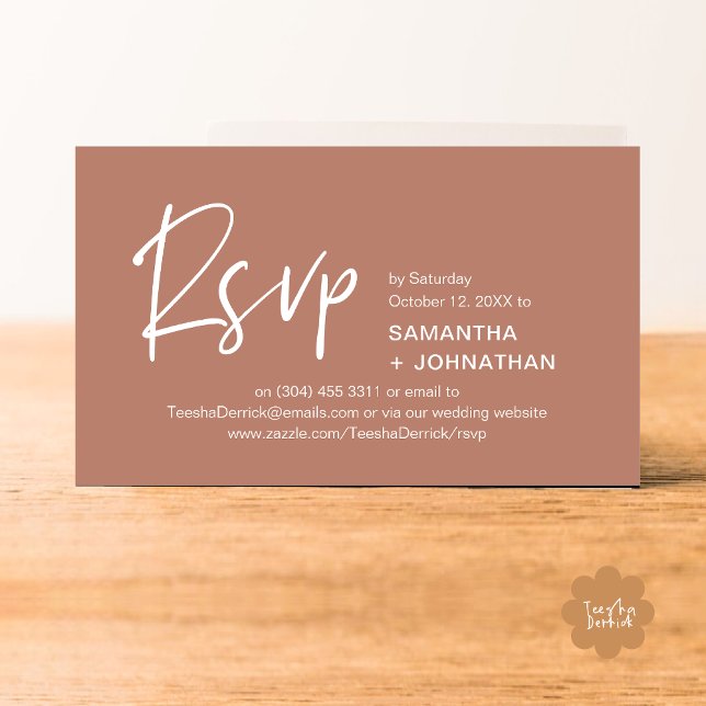 Bröllops-svar Modern middagsinbjudan Påminnelse Tilläggskort (Kindly RSVP Modern Minimalist Wedding Dinner Invites Reminder Enclosed Card Phone Email Earthy Brown)
