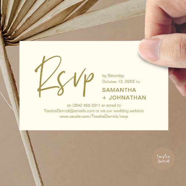 Bröllops-svar Modern middagsinbjudan Påminnelse Tilläggskort (Kindly RSVP Modern Minimalist Wedding Dinner Invites Reminder Enclosed Card Phone Email Yellow Gold)