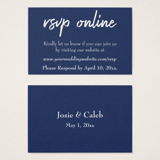 Bröllops-svar online Infoga Navy Script & Vit, 14 Visitkort (Framsida & baksida)