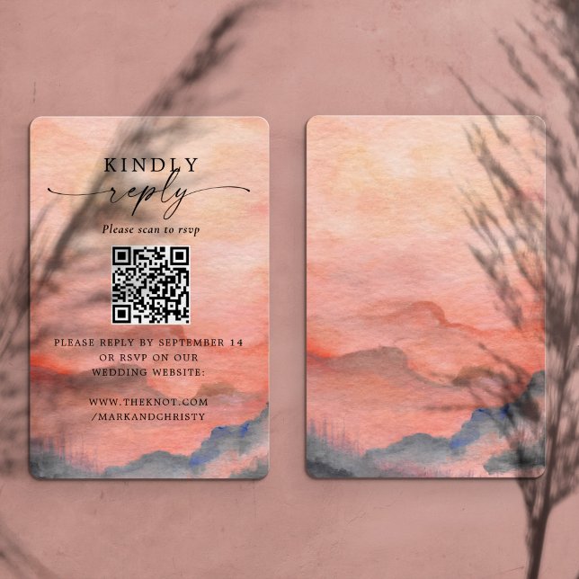 Bröllops-svar QR-kod Sunset Mountain Tilläggskort (Front and Back of RSVP QR Code enclosure card in a Mountain Sunset watercolor background.)