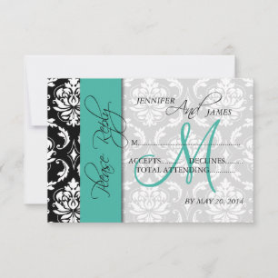 Bröllops-svarskort Damask Turkos Namn Initial OSA Kort