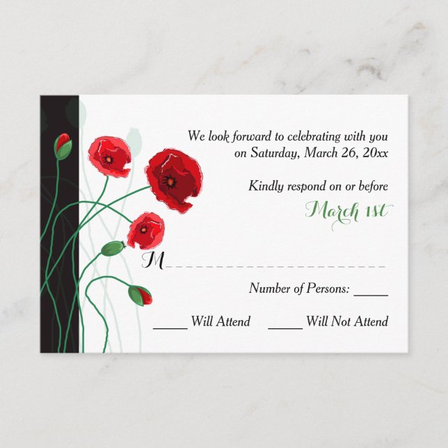 Bröllops-svarskort | Röda vallmo | Svart, Grön OSA Kort (Framsida)