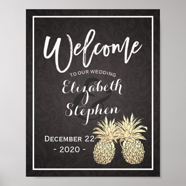 Bröllops välkomstaffisch Svart Guld Ananas Par Poster (Framsidan)