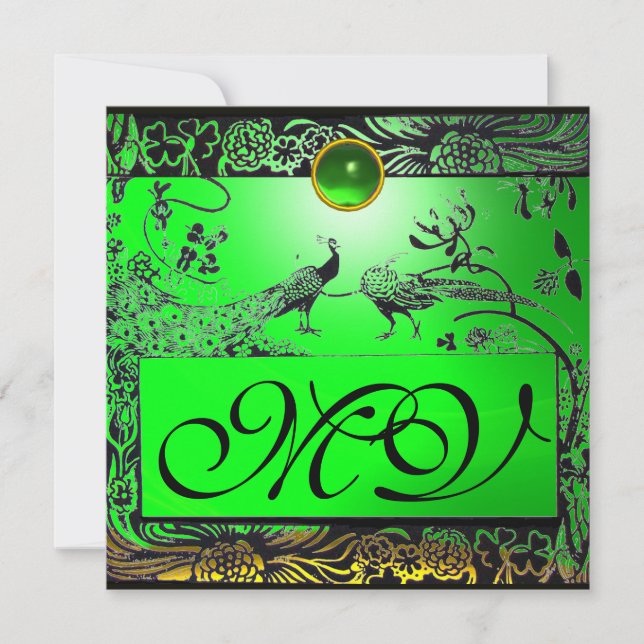 BRöllopsälskande Fåglar MONOGRAM svart gul smaragd Meddelande (Framsida)
