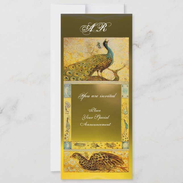 BRöllopsälskande påfåglar monogram, brun grön gul Inbjudningar (Framsida)