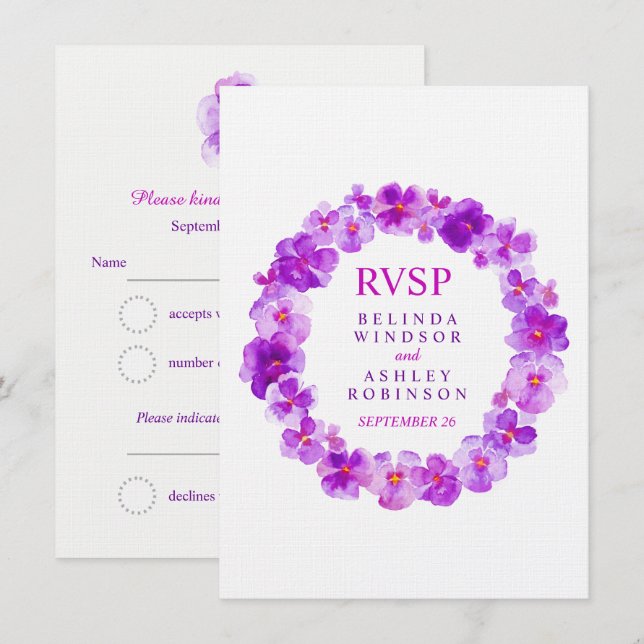 Bröllopsanmälan lila blomsterkrans med viol inbjudningar (Fram/baksida)
