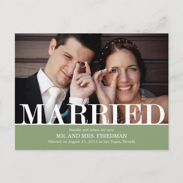 Bröllopsannonsering i feta bokstäver meddelande vykort (Framsida)