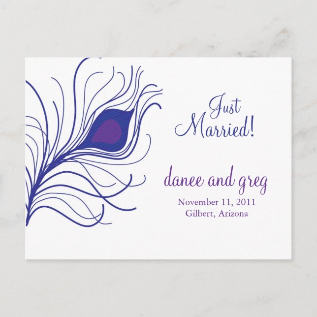 Bröllopsannonsering påfågelsfjäder meddelande vykort (Framsida)