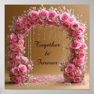 Bröllopsbåge med Rosa Rosor Romantiska Blommor Poster