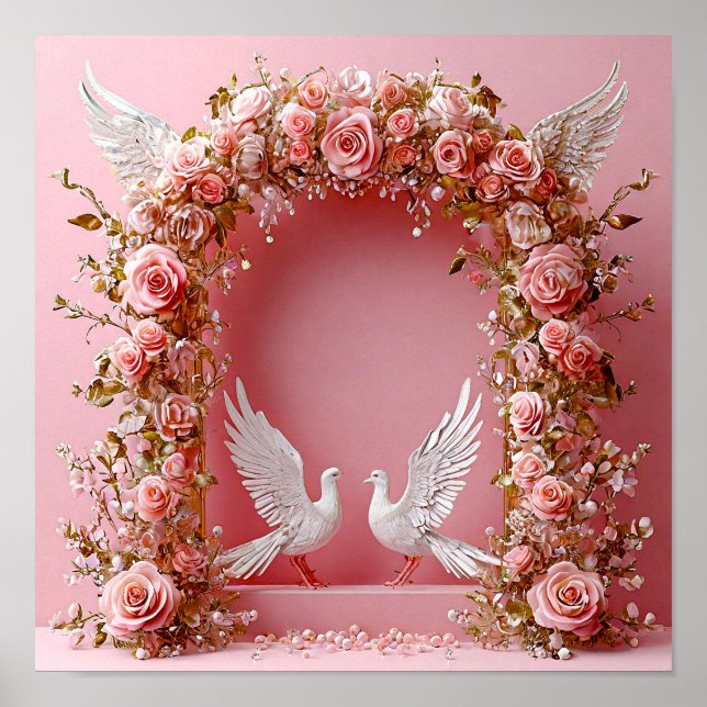 Bröllopsbåge Rosa Rosor Vita Duvor 🌸🕊️💖✨ Poster (Framsidan)