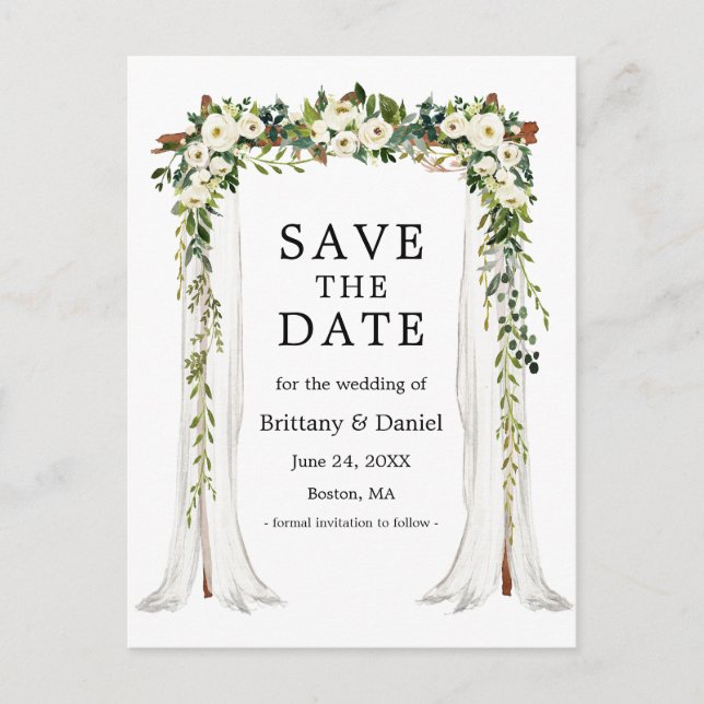Bröllopsbaldakin Båge Akvarell Grön Blommig Meddelande Vykort (Framsida)
