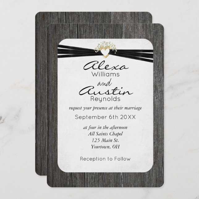 Bröllopsband i guldhjärta på trä inbjudningar (Fram/baksida)