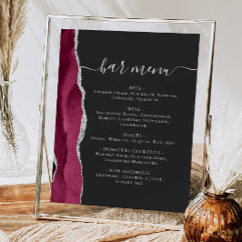 Bröllopsbarmeny Burgundy Silver Agate Mörk Poster