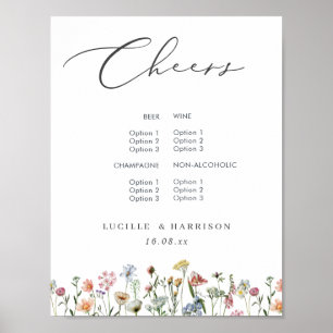 Bröllopsbarmeny med färgglada vilda blommor poster