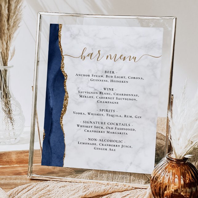 Bröllopsbarmeny Navy Blue Agate Marmor Poster (Skapare uppladdad)