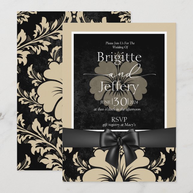 Bröllopsbeige och svart inbjudningar (Fram/baksida)