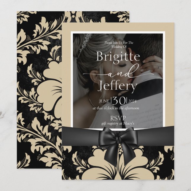 Bröllopsbeige och svart traditionellt foto inbjudningar (Fram/baksida)