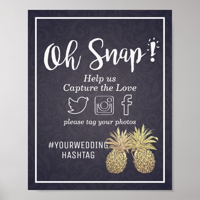 Bröllopsbild Hashtag Chic Guld Pineapple Marinblå Poster (Framsidan)