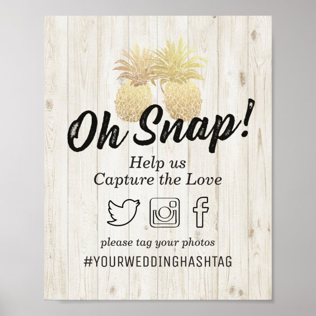Bröllopsbild Hashtag Gyllene Ananas Rustik Trä Poster (Framsidan)