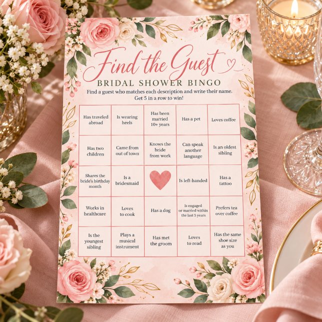 Bröllopsbingo med rosor - Gissa gästen Flygblad (Blush Floral Find the Guest Bridal Shower Bingo)
