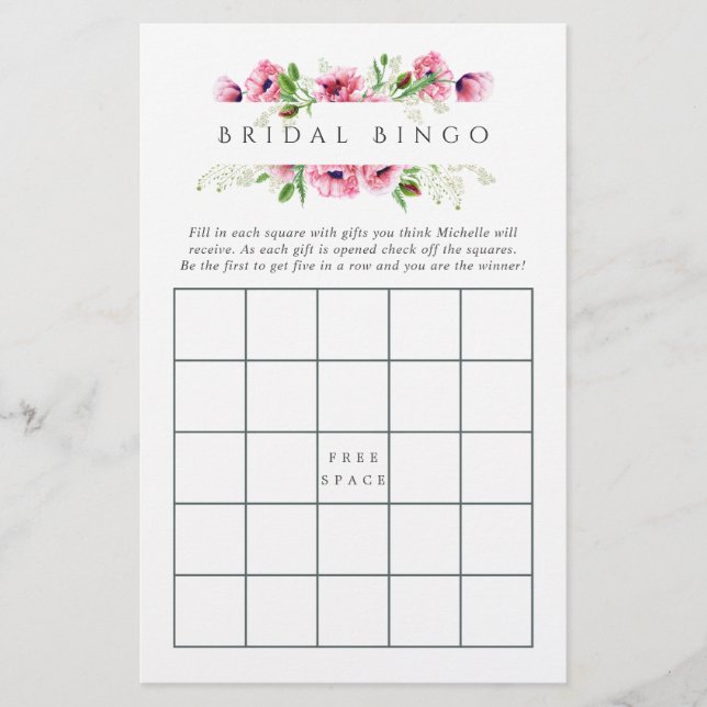 Bröllopsbingo med vattenfärg och rosa poppyor (Framsida)