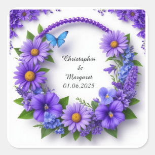 Bröllopsblommig ram med färgglada blommor fyrkantigt klistermärke