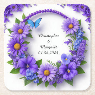 Bröllopsblommig ram med färgglada blommor underlägg papper kvadrat